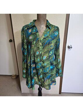 Sunny Taylor Large Y2K 90s Peacock Feather Top Long Sleeve Collared Green Blue